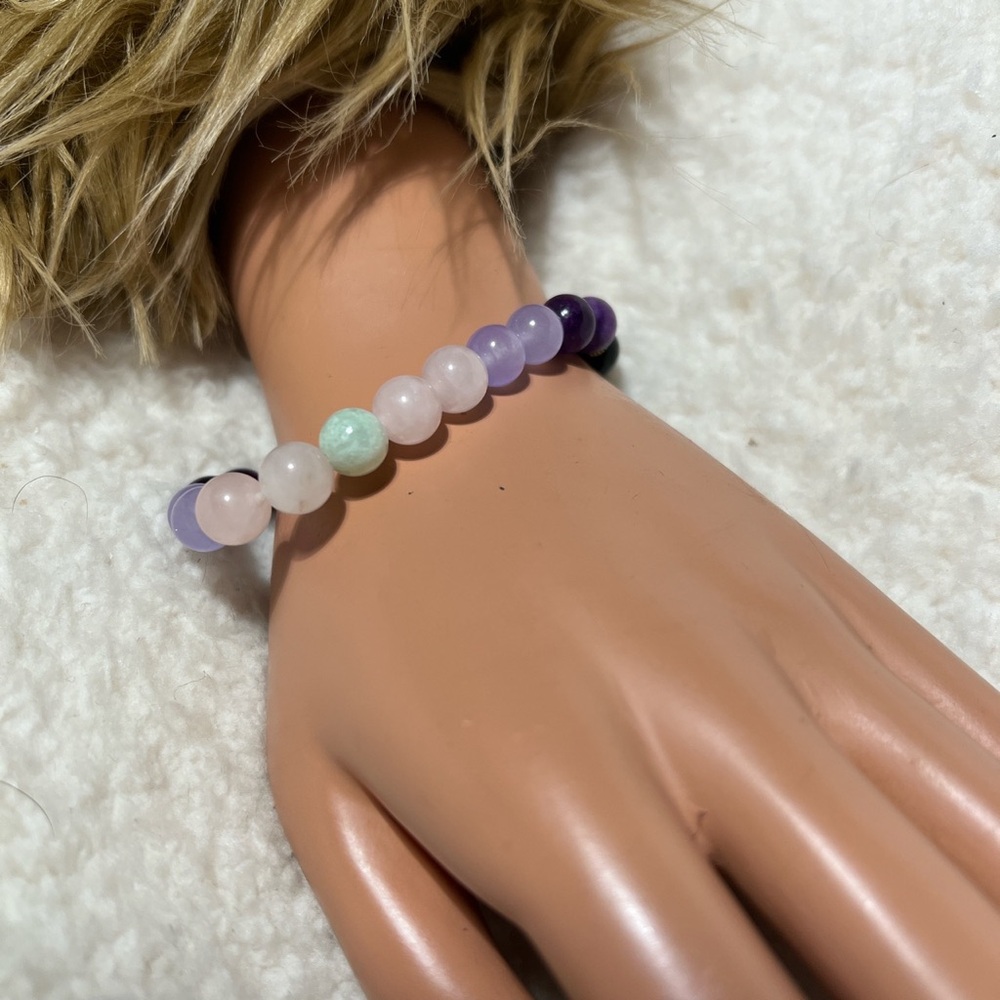 Bracelet  8mm Black Tourmaline, Rose Amethyst,Moonstone.Energy Protection